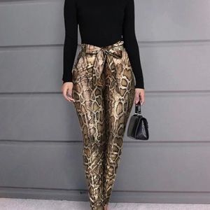 Women snake print PU leather stretchy skinny pants